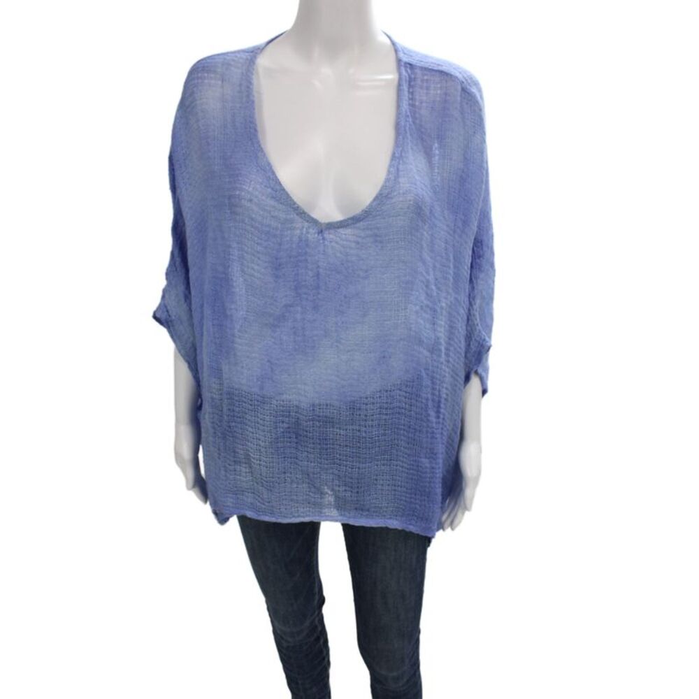 Sunday Women Blue Linen Tunic Blouse Scoop Neck 3/4 Sleeve Size M